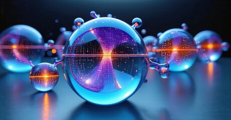 Glowing spheres display complex internal structures. Digital data streams illuminate reflections, creating futuristic visuals. Bright colors dominate composition.