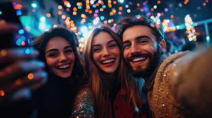friends taking selfie at New Year party with colorful background, smiling faces