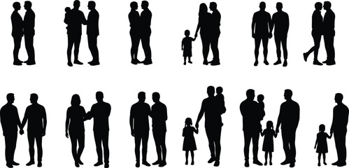PrintSilhouette couples and families, parents with children, people holding hands, vector illustration, love, unity, bonding, lifestyle, happiness, togetherness, community