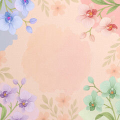 Watercolor Floral Background with Orchid and Leaves