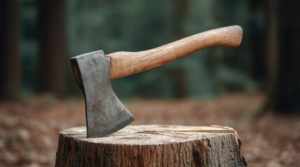 Wooden Handled Axe Resting on Tree Stump in a Forest Setting Surrounded by Blurred Green Background and Nature Elements