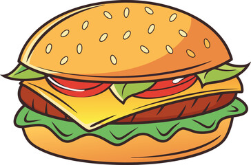 Delicious Burger Food Illustration. Tasty Burger Meal Clipart Artwork. Juicy Burger Fast Food Illustration. Classic Burger Sandwich Artwork Design. Big Burger Creative Food Illustration. Fresh Burger