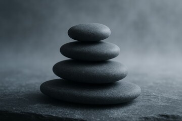 Minimalist zen stones stacked in balance on a flat rock, symbolizing calm, harmony, and mindfulness for wellness and spa themes.