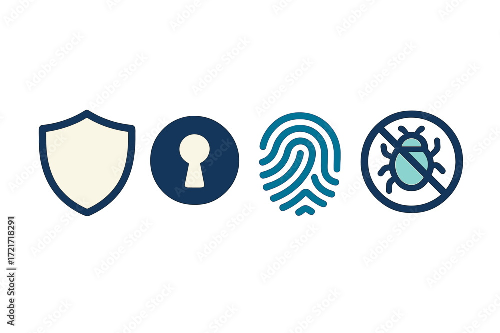 Poster digital cybersecurity and data protection concepts with shield, keyhole, fingerprint, and bug icons 