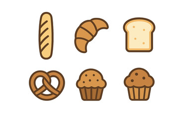 Diverse range of breakfast and snack bakery items including traditional baguette, crescent croissant, sliced bread, twisted pretzel, and delightful muffins