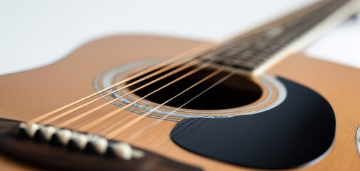 Fototapeta premium The Guitar Closeup Showing Acoustic Strings, Soundhole and Pickguard Texture on Body