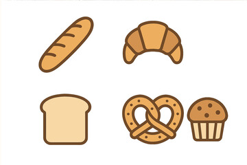 Collection of various baked goods including baguette, croissant, pretzel, muffin, and bread slice for breakfast or snack