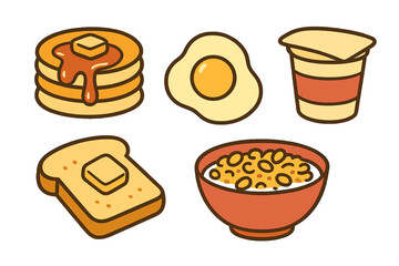 Classic breakfast foods assortment with pancakes, fried egg, buttered toast, cereal, and yogurt cup, a delicious morning meal
