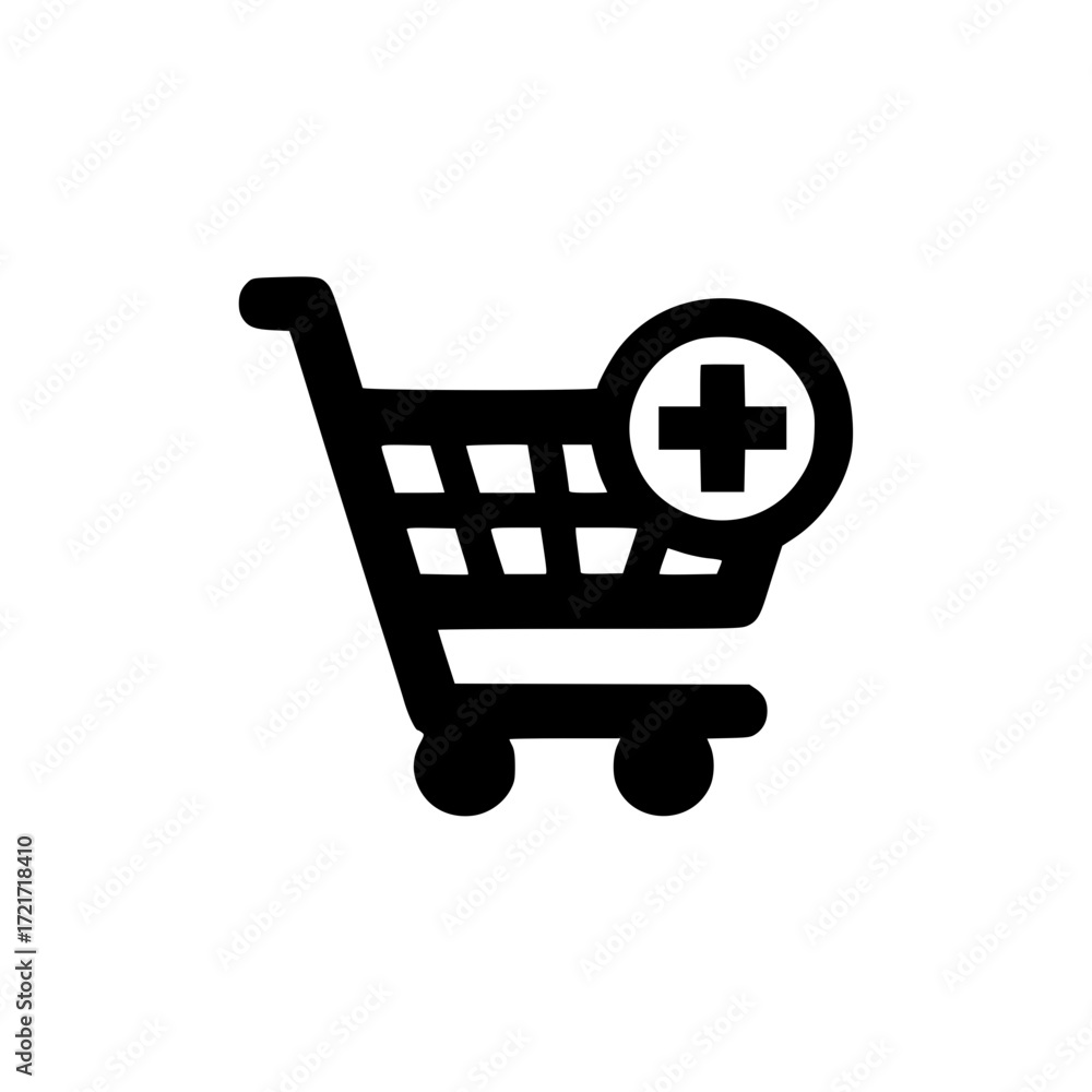 Poster shopping cart with small plus sign isolated on white background for retail and add to cart concept