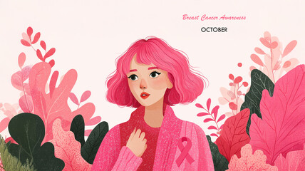 Illustration of Woman with Pink Ribbons for Breast Cancer Awareness.Illustration featuring a woman wearing pink ribbons, symbolizing unity and support for Breast Cancer Awareness Month.