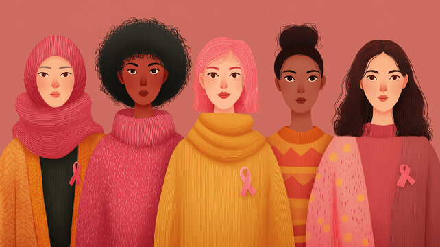 Illustration of Women with Pink Ribbons for Breast Cancer Awareness.Illustration featuring a group of women wearing pink ribbons, symbolizing unity and support for Breast Cancer Awareness Month.