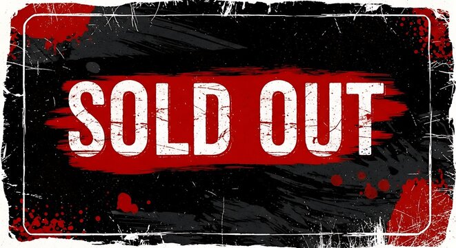 A striking sold out sign with a distressed, grunge aesthetic, featuring bold white lettering against a contrasting red rectangle, set upon a textured black background with splatters and scratches