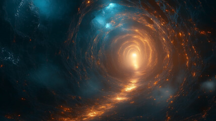 A breathtaking fantasy time dimension tunnel glowing with vibrant colors, swirling patterns, and radiant cosmic energy, leading toward a bright guiding light at the end