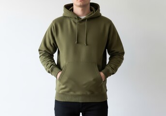 Naklejka na ściany i meble Man wearing a plain olive green hooded sweatshirt with a front pocket and drawstrings, standing against a light grey wall, showcasing comfortable casual wear of mockup