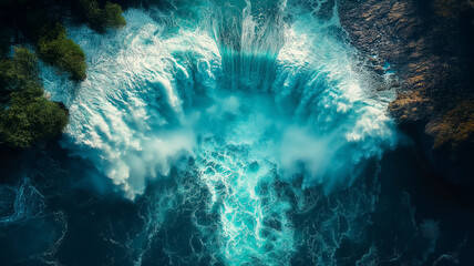 Aerial photograph capturing a magnificent large waterfall surrounded by dense forest, mist, and rising spray. The dramatic scene highlights the beauty and power of nature