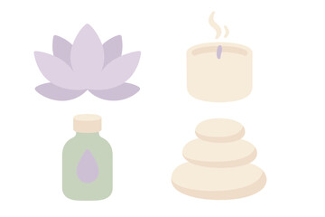 Lotus flower, burning candle, essential oil bottle, and stacked spa stones for relaxation and self-care