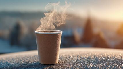 Hot Coffee Cup on Snowy Car Roof.A steaming hot cup of coffee placed on the frosty roof of a car covered with snow and ice crystals