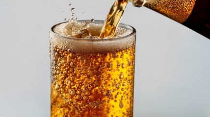 Pouring Cold Beer into Glass.A refreshing scene of chilled beer being poured from a bottle into a glass, nearly full with a thick foamy head on top
