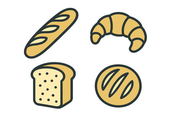 Variety of freshly baked bread products and pastries, including baguettes, croissants, and loaves, displayed together