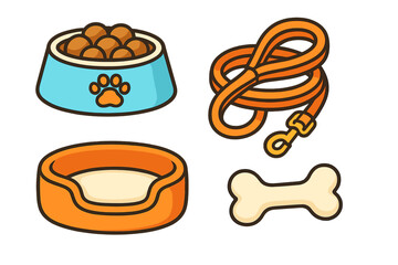 Essential pet supplies collection featuring dog food bowl, leash, comfortable bed, and chew bone for animal care and well-being