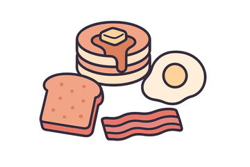 Hearty morning breakfast spread with golden pancakes, sizzling bacon, a sunny-side-up egg, and toasted bread