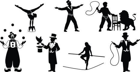 Circus performer illustration set, clown, acrobat, ringmaster, lion tamer, magician, tightrope walker, carnival entertainment, black and white design