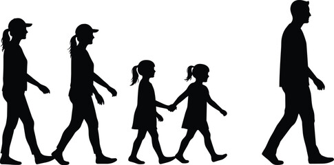 PrintSilhouette family walking together, parents and children holding hands, lifestyle illustration, outdoor activity, relationship, childhood, vector design, people walking, community, togetherness