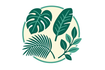 Stylized tropical foliage collection featuring monstera, palm, and banana leaves arranged in a modern circular design