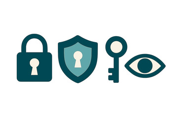 Digital security and data protection concept with padlock, shield, key, and eye symbols representing privacy and information safety