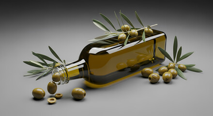 Extra Virgin Olive Oil Bottle Still Life with Green Olives and Olive Branch Leaves