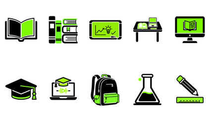Modern education and e-learning icon set in a vibrant green and black color scheme.