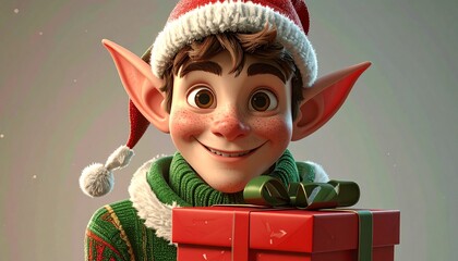 3D render of cheerful elf peeking from behind festive gift box, isolated clean background with copy space, great for Christmas promotions, cards, and seasonal marketing.