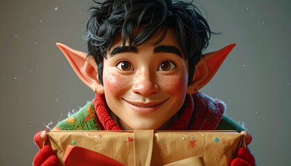 3D render of cheerful elf peeking from behind festive gift box, isolated clean background with copy space, great for Christmas promotions, cards, and seasonal marketing.