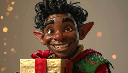 3D render of cheerful elf peeking from behind festive gift box, isolated clean background with copy space, great for Christmas promotions, cards, and seasonal marketing.