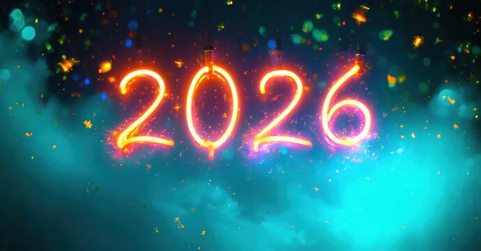 Bright year 2026 displayed with vibrant sparks, festive background. Celebration, new beginnings, hopefulness evident.