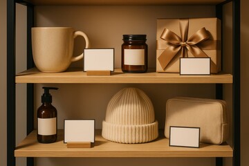 Stylish gift shelf mockup with neutral home goods and blank labels—ideal for retail branding, promotions, and social posts.