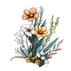 Watercolor wildflower bouquet isolated on transparent background.