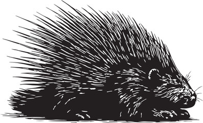 Detailed black and white ink illustration of a north american porcupine with quills raised in a defensive posture against a white background