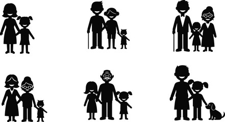 Family silhouette illustration set, parents, children, grandparents, pets, diverse households, inclusivity, love, relationships, black and white design