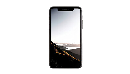 Black phone mockup shows mountains for tech branding, app display, websites. PNG and transparent background.