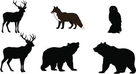 Wild animal silhouettes, deer bear owl wolf, vector illustration, forest wildlife clipart, black icons, nature drawing, white background