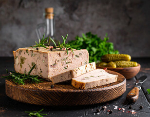 Rustic terrine with herbs on wooden board with pickles and rustic accompaniments