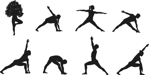 Yoga poses silhouette, black yoga figures, tree pose art, warrior pose icon, meditation posture, fitness balance, flexibility strength, spiritual wellness
