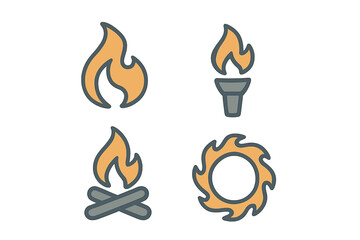 Fire and flame icons including a burning torch, a campfire, and abstract shapes for web and app design