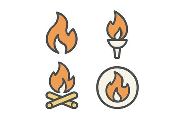 Stylized fire and flame icons depicting heat, energy, camping, cooking, and warmth for web and print design