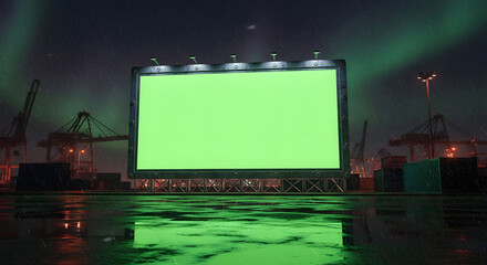 Large green screen billboard at night in a harbor, illuminated by spotlights and cranes.