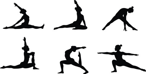 Yoga poses silhouette, fitness flexibility balance, meditation exercise, wellness lifestyle, body strength, stretching routine, healthy living, peaceful mind, posture training