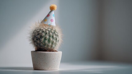 Small cactus wearing a party hat isolated on white background