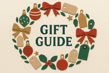 Paper-cut holiday wreath with “Gift Guide” text—bows, ornaments, and tags framing copy space for seasonal shopping promos.