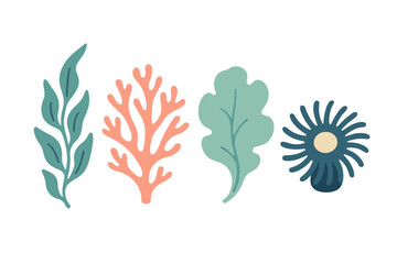 Stylized marine plants, vibrant coral, and diverse underwater flora elements for aquatic design projects